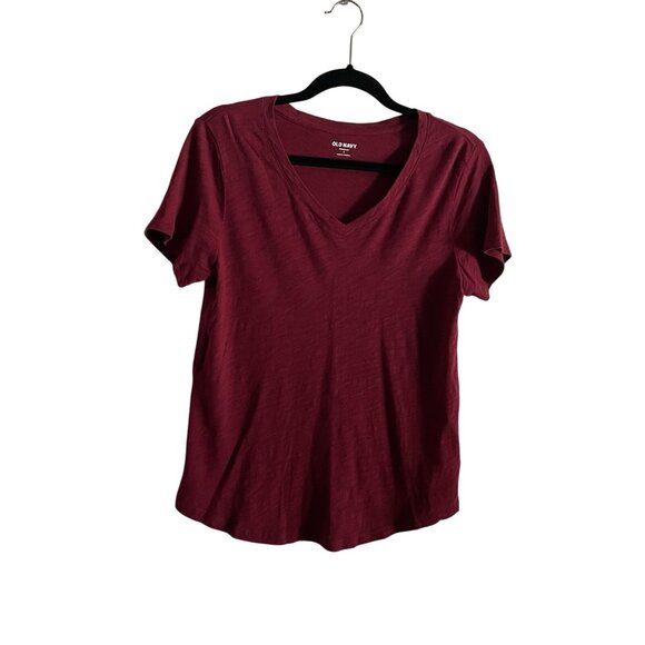 Old Navy Women S Maroon Short Sleeve EveryWear Slub-Knit V-Neck T-Shirt NWT - Picture 2 of 9
